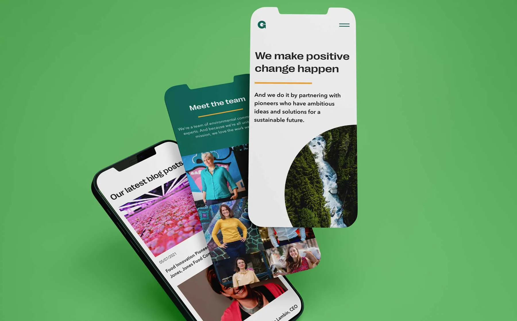 Greenhouse website and Instagram screens shown on phones against a green backdrop
