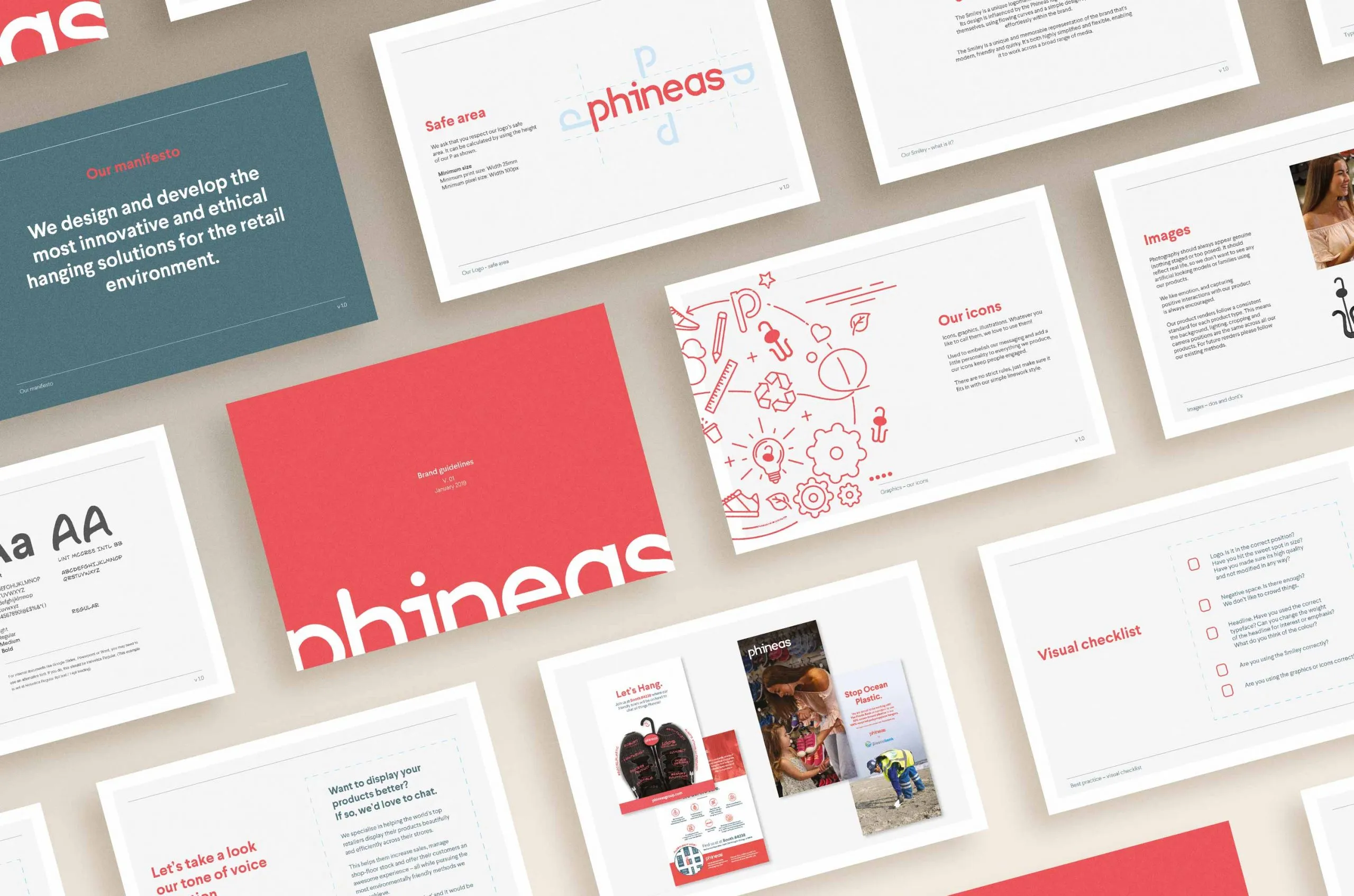 Phineas brand guidelines and packaging collage