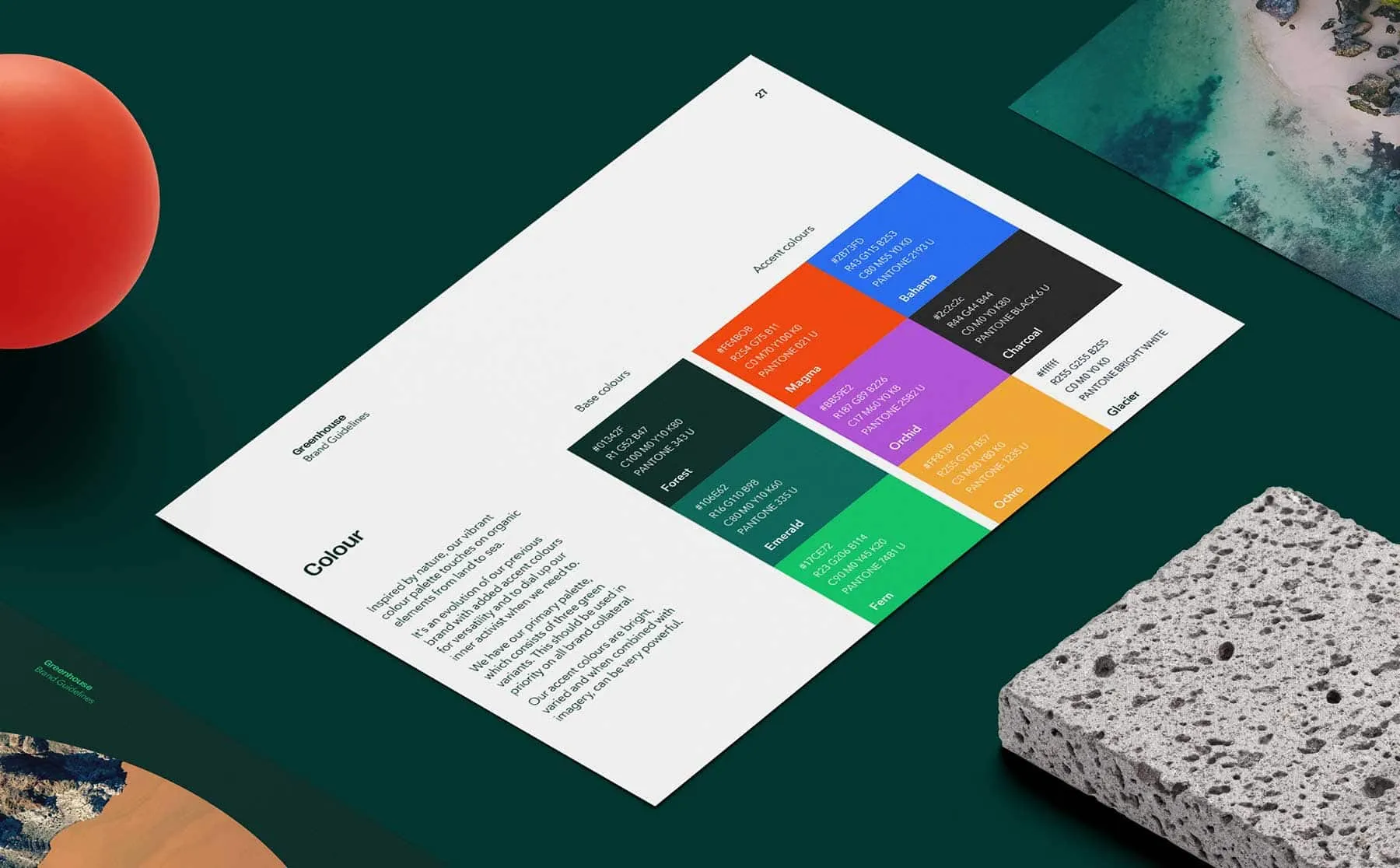 Greenhouse brand guidelines page showing the base and accent colour palette