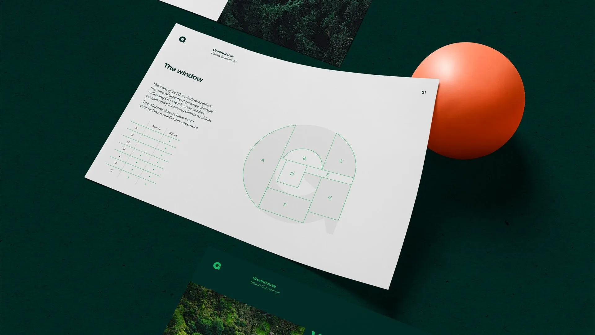Greenhouse brand guidelines spread showing 'The window' concept page