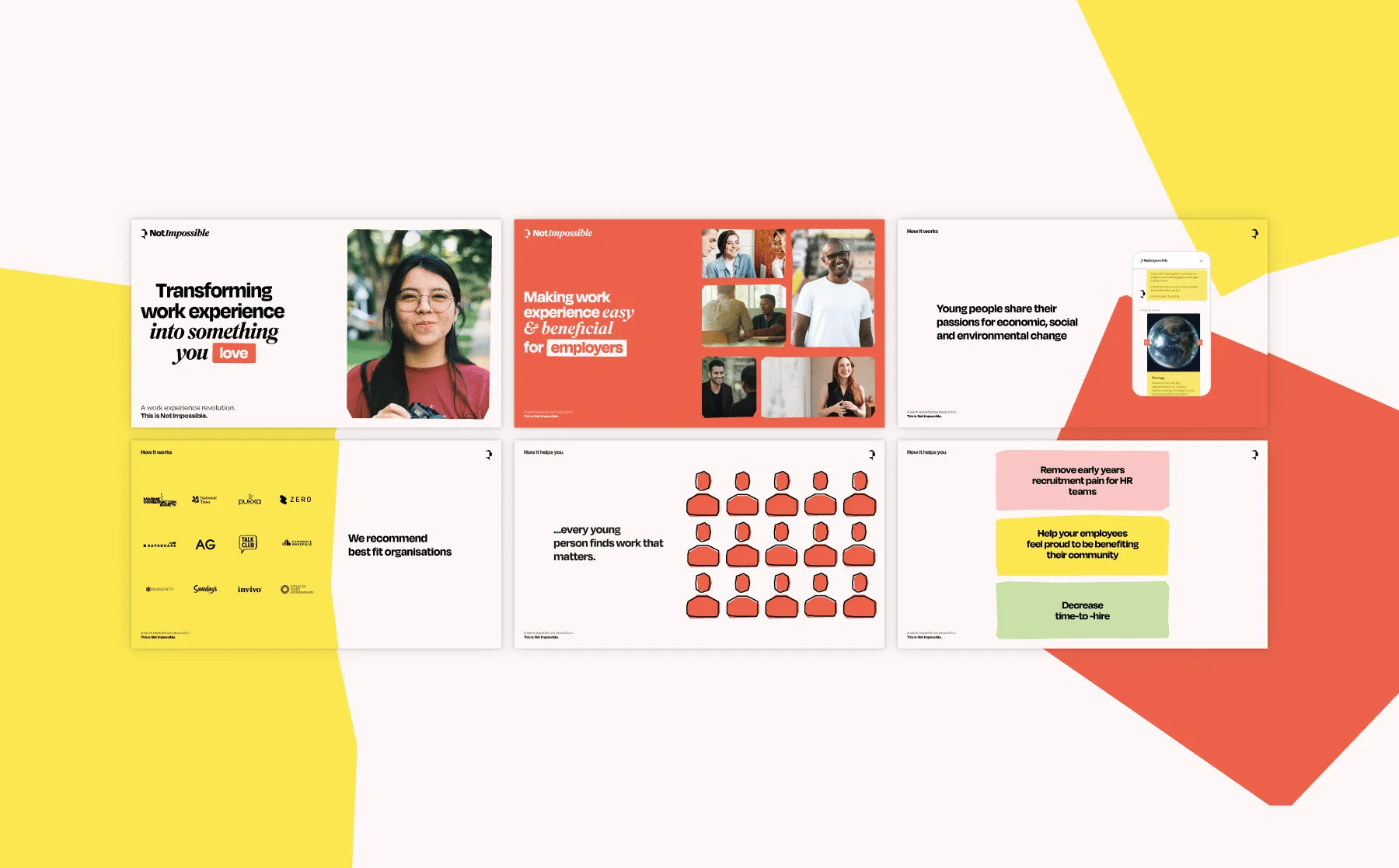 Not Impossible brand identity system — icon illustrations, colour palette and layout examples