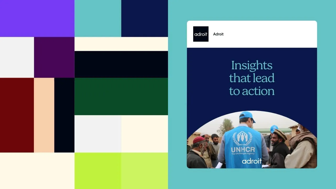 Adroit social media and website mockups in the brand colour palette