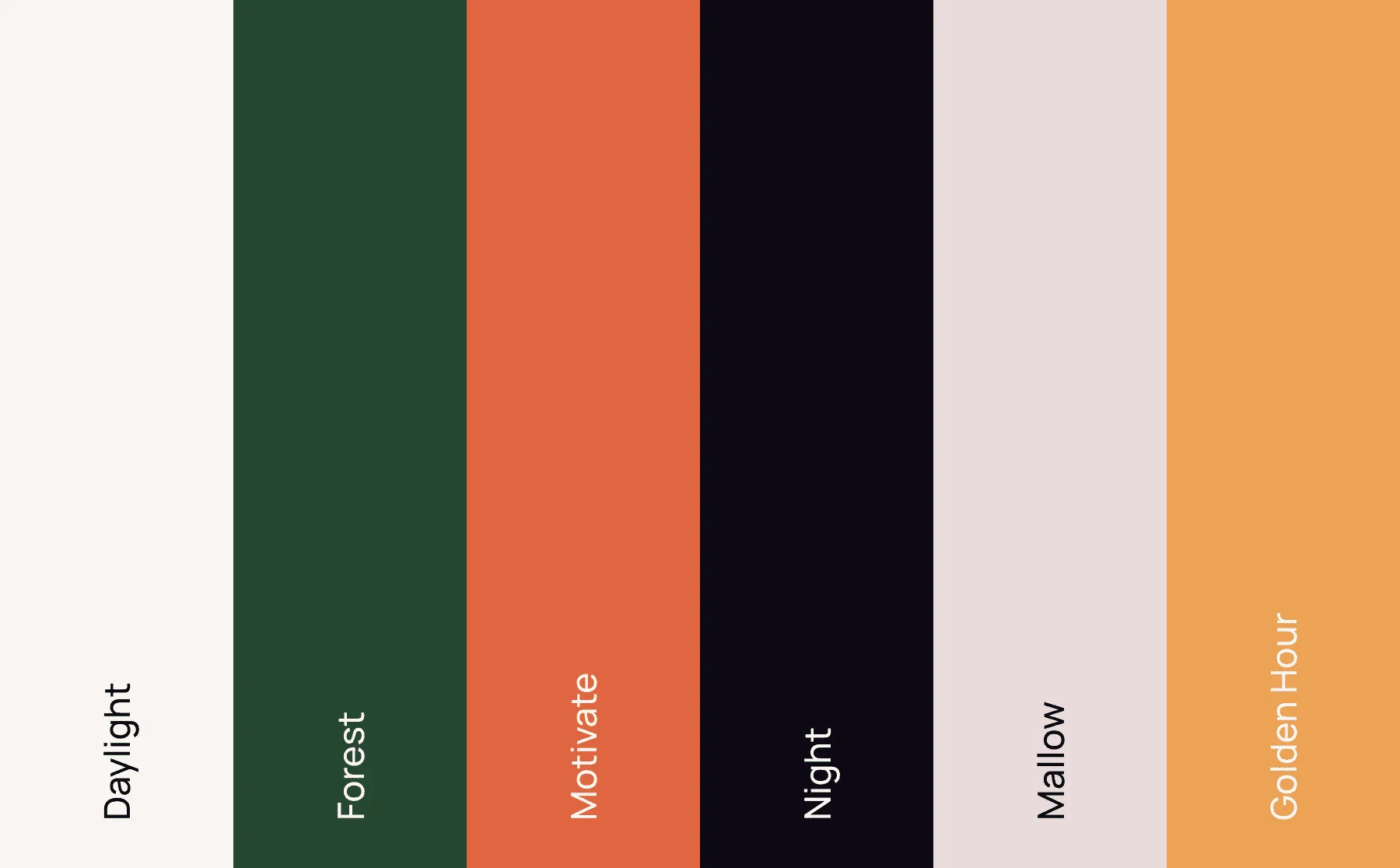 Hartwell Nutrition's colour palette: Daylight, Forest, Motivate, Night, Mallow and Golden Hour