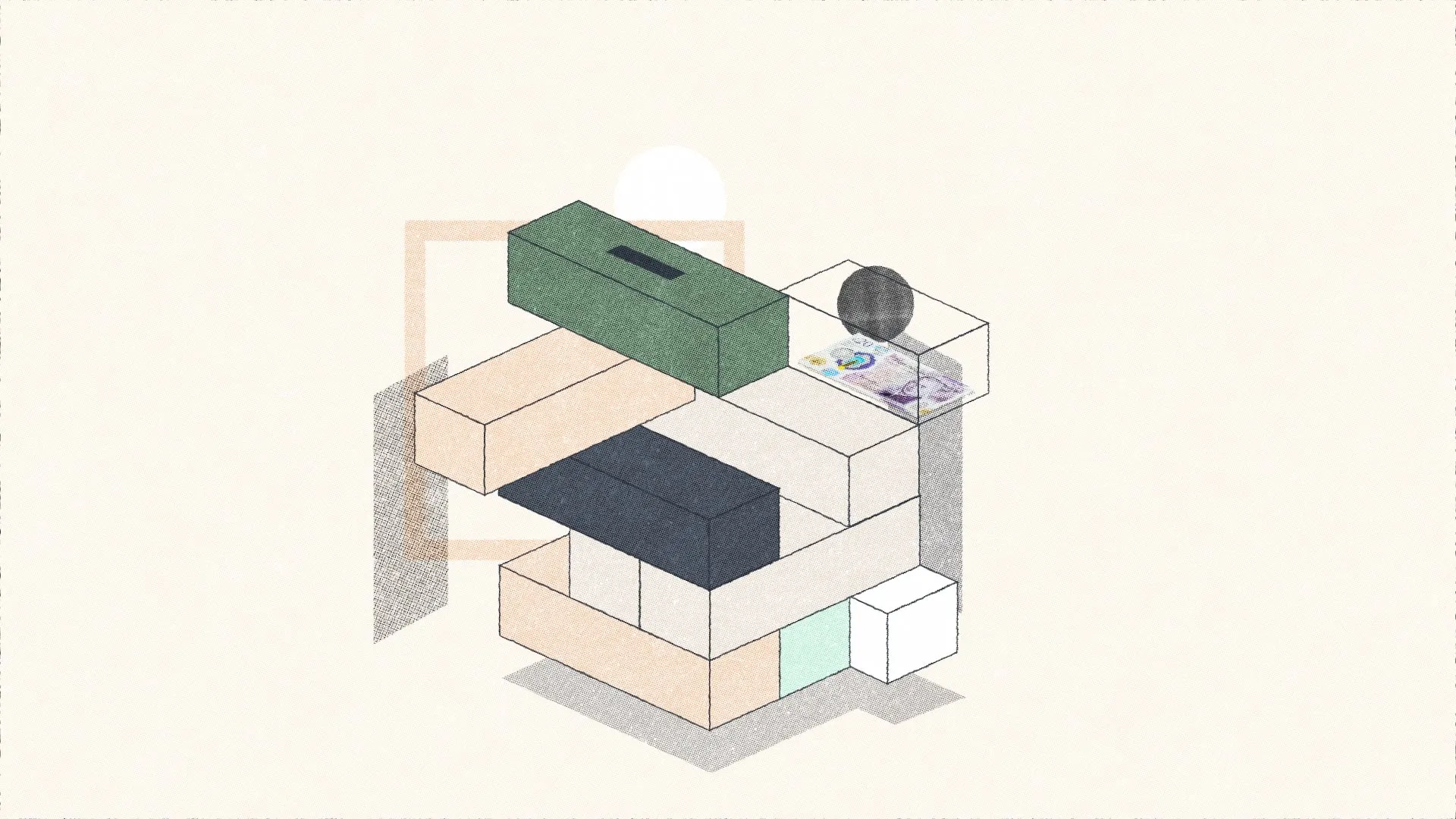 Isometric illustration of stacked blocks and a sphere