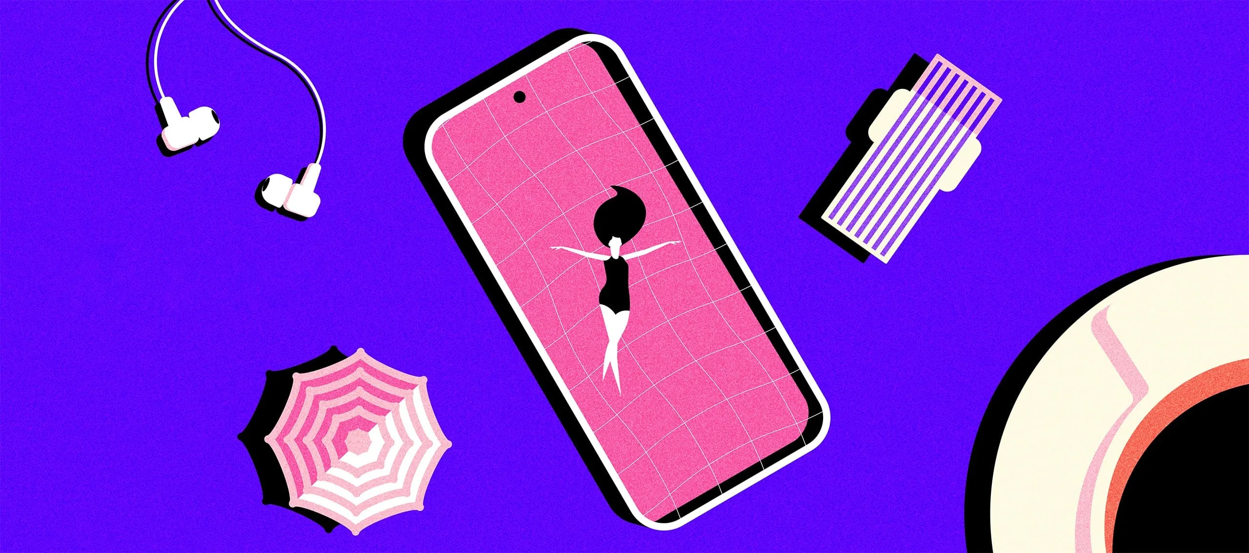 Illustration of a person floating in a pool inside a mobile screen surrounded by travel items