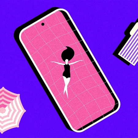Illustration of a person floating in a pool inside a mobile screen surrounded by travel items