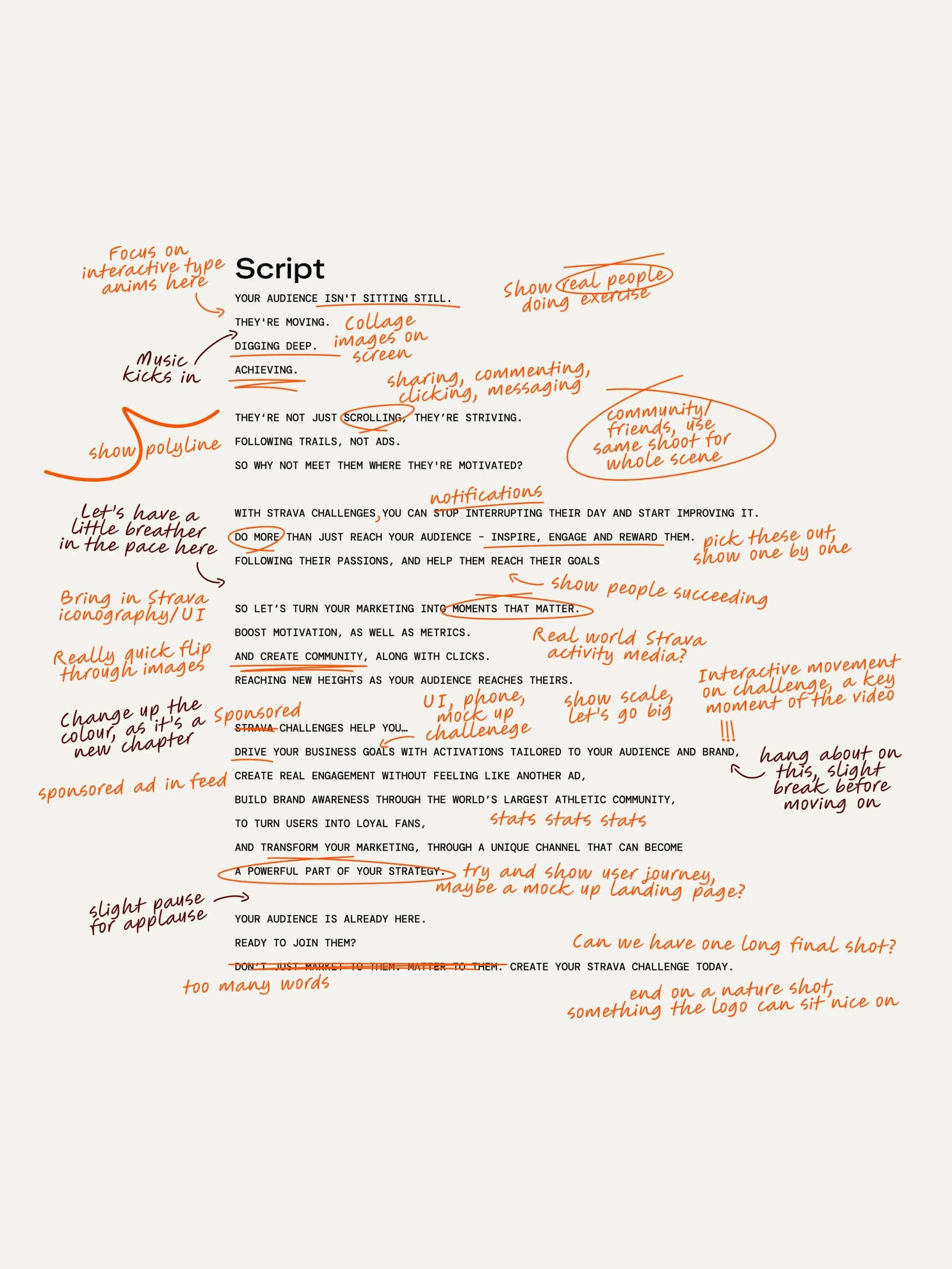 Annotated script pages for the Strava campaign film