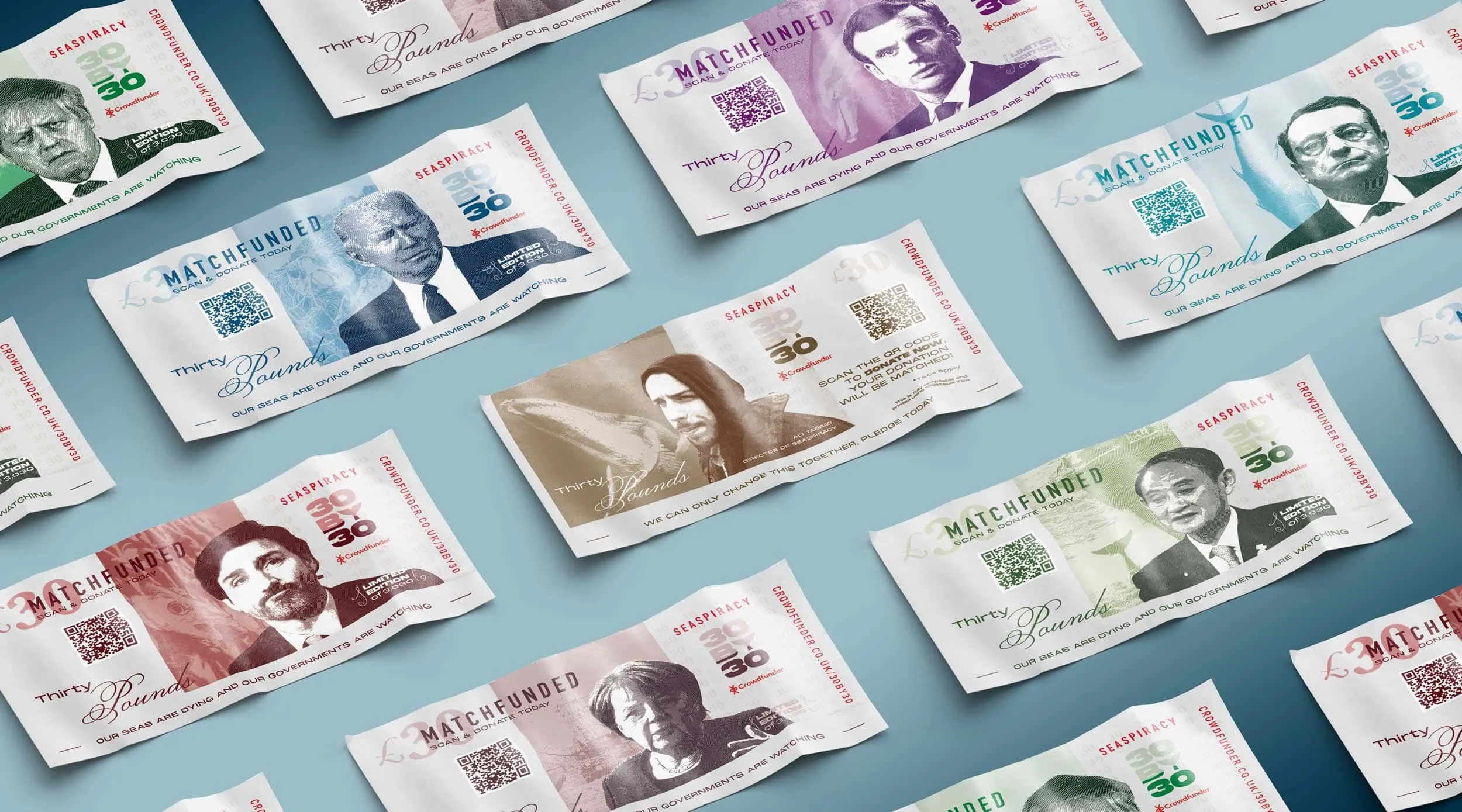 Rows of satirical Seaspiracy '30 by 30' banknotes featuring world leaders, printed for the Crowdfunder campaign