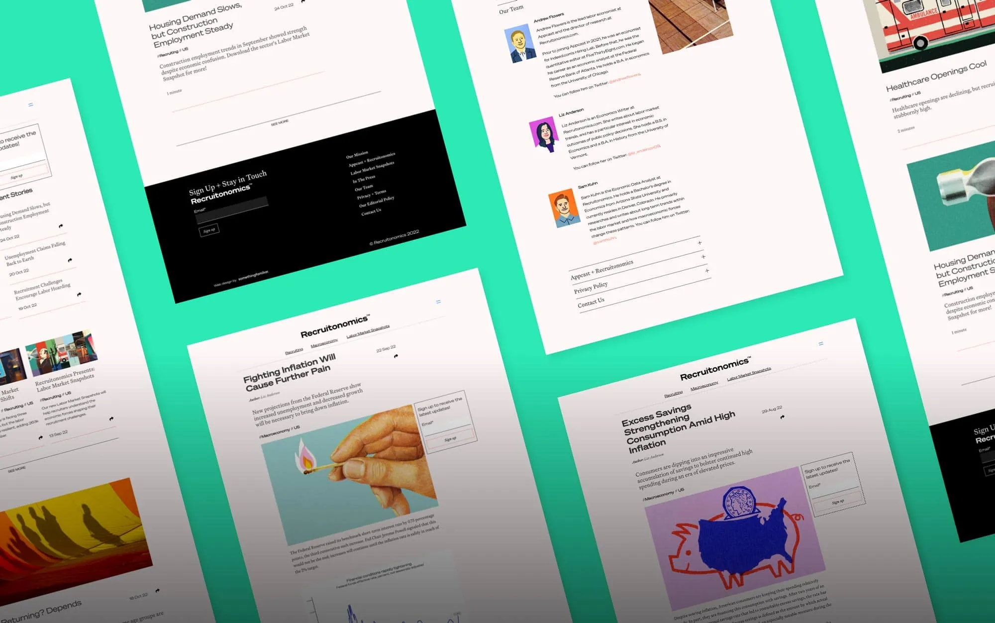A tilted collage of Recruitonomics site pages and the Recruitonomics wordmark