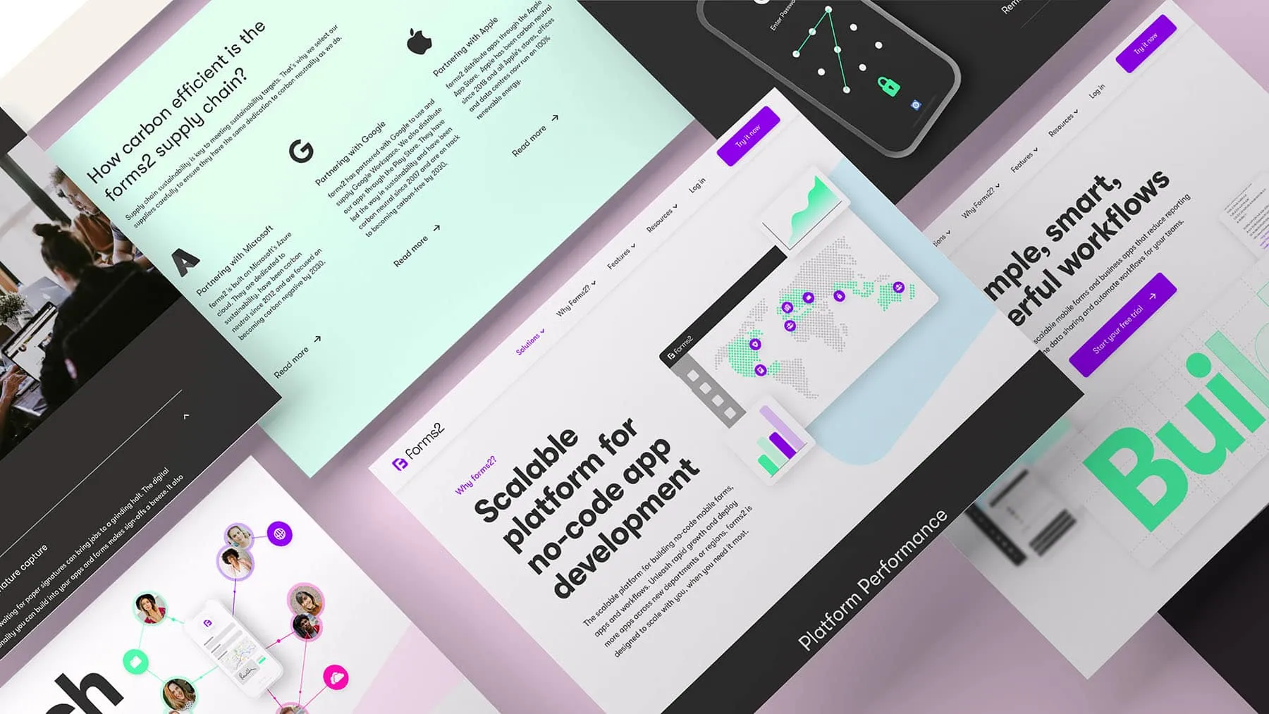 Collage of the Forms2 no-code platform website screens