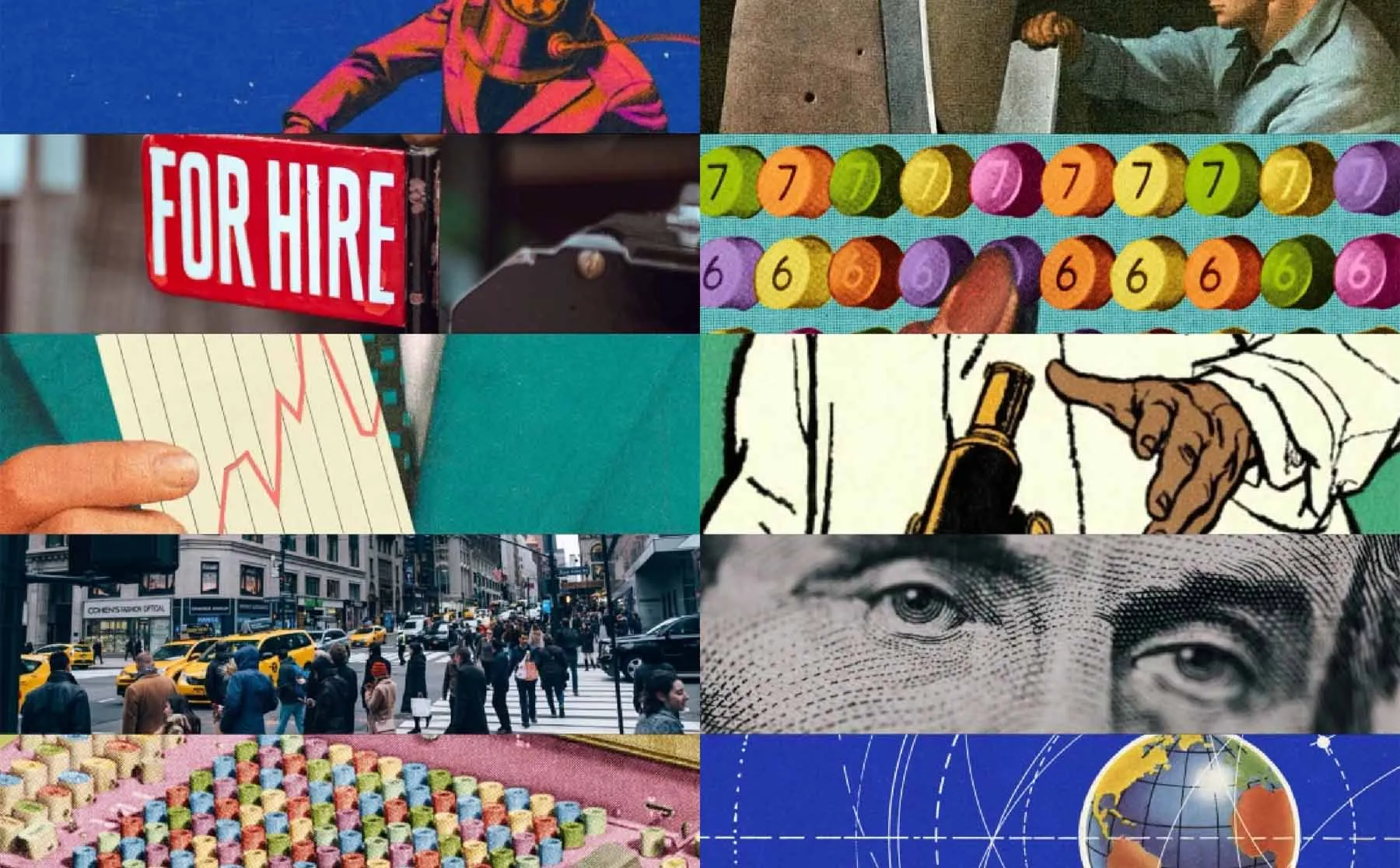 A grid of the Recruitonomics nostalgic illustration style — labour market and economics themes