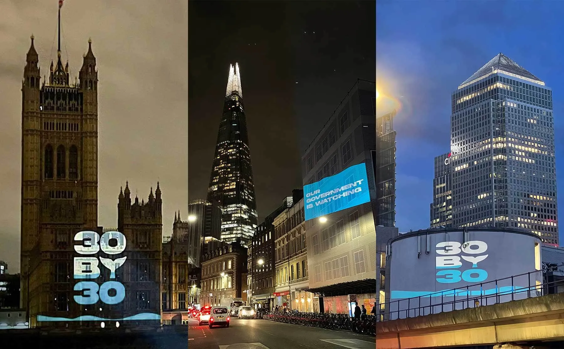 30 by 30 campaign light projections onto Westminster, The Shard, and Canary Wharf