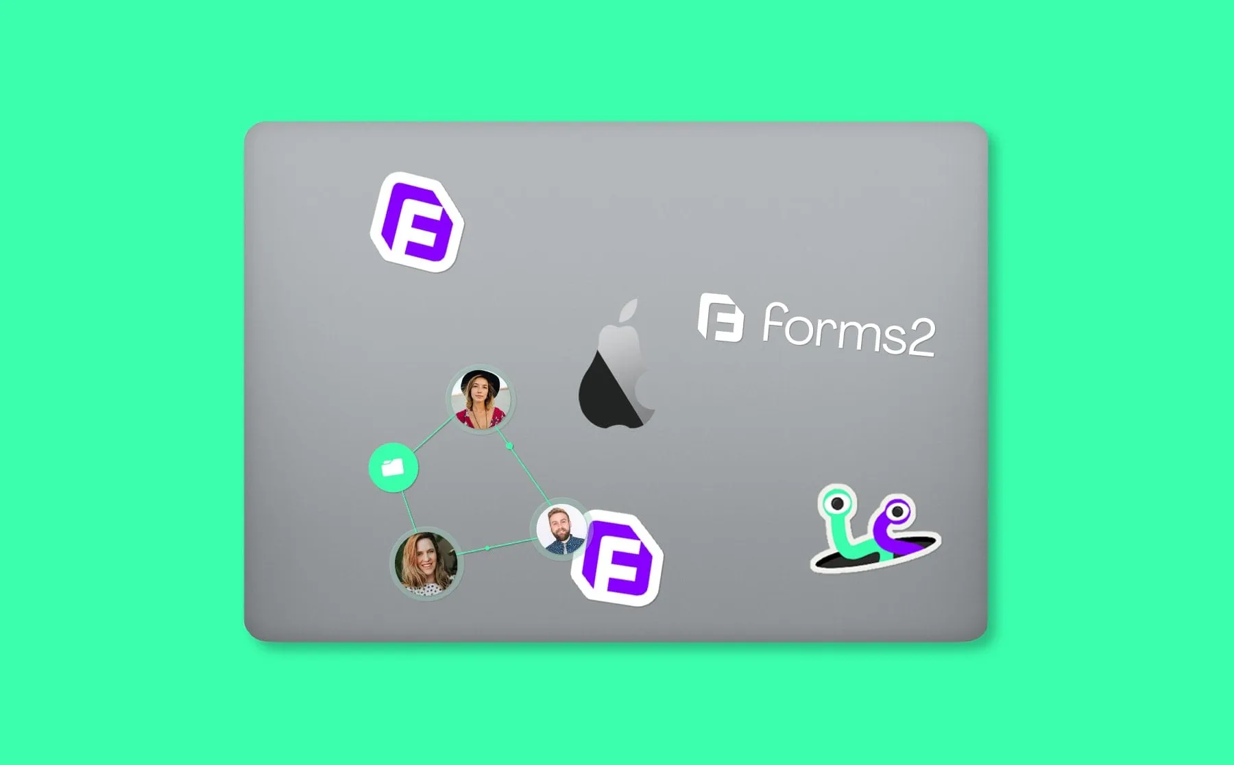 A laptop decorated with Forms2 logo stickers and brand iconography