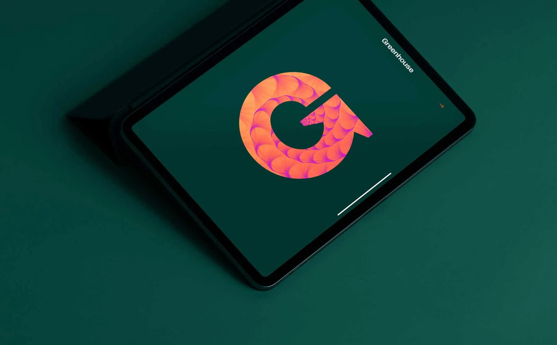 The animated Greenhouse G icon rendered as a gradient mark on a tablet screen