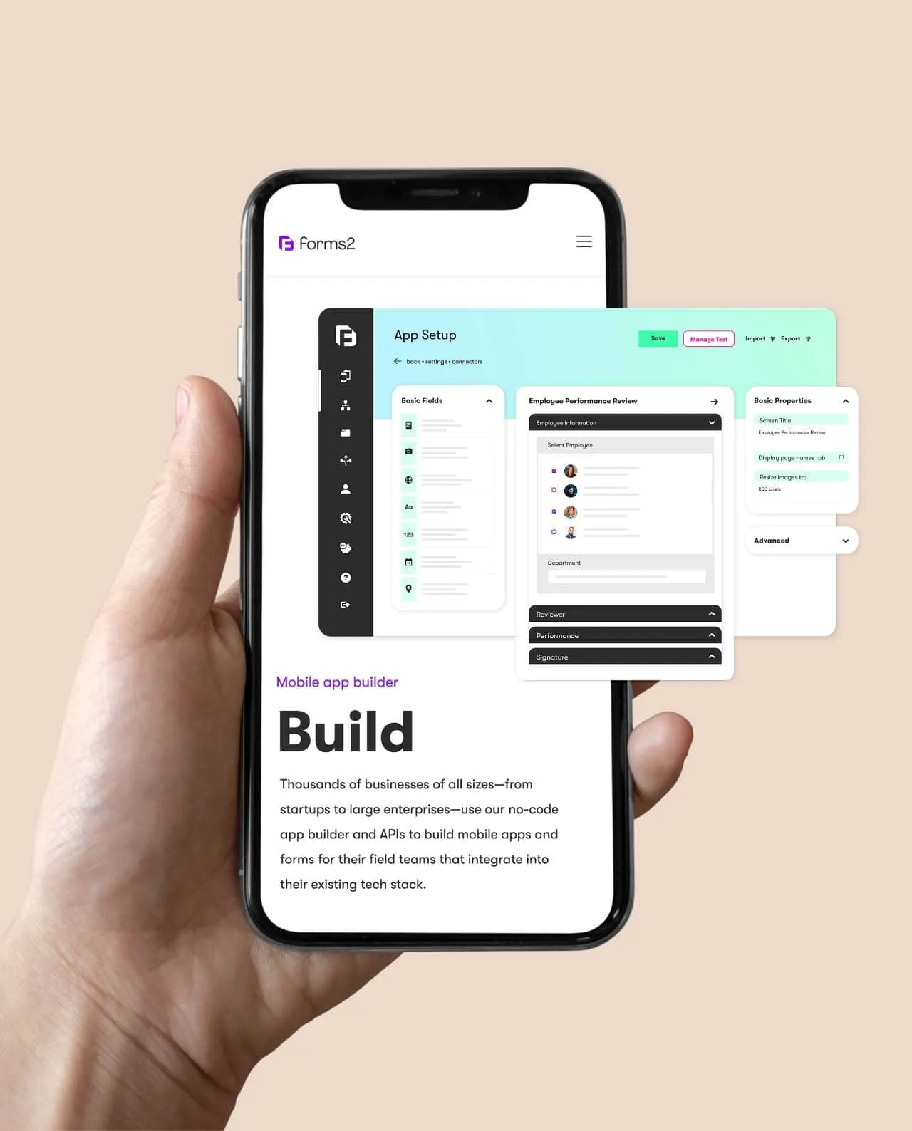 A hand holding a phone showing the Forms2 mobile app builder