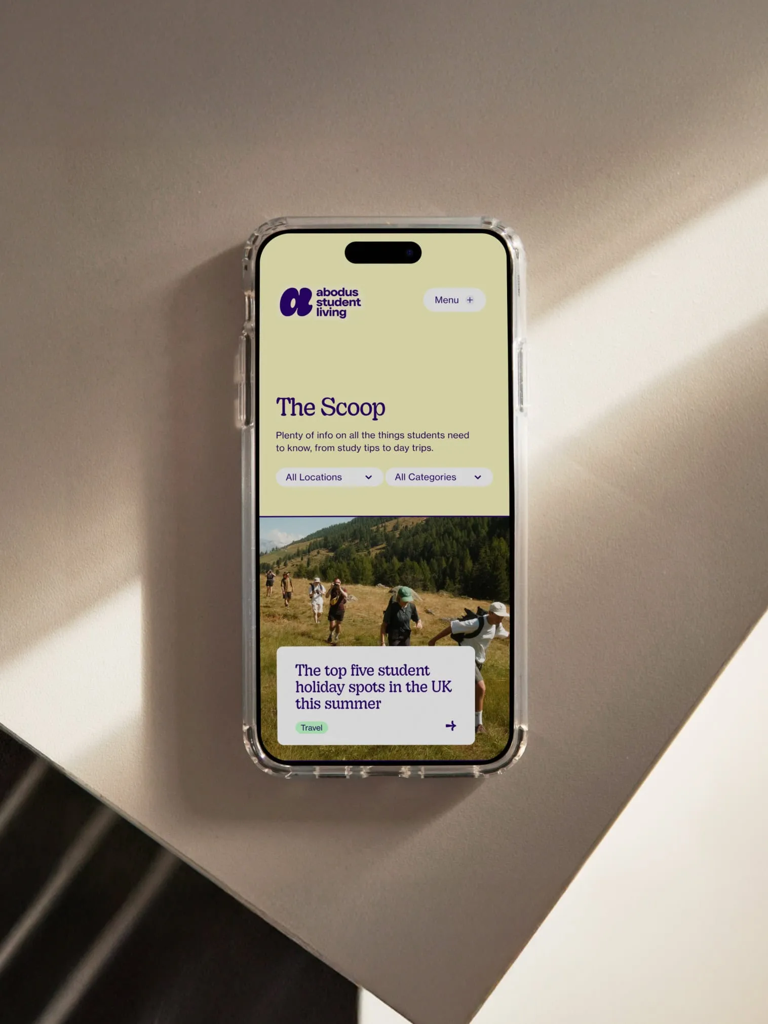 The redesigned Abodus Student Living site on mobile