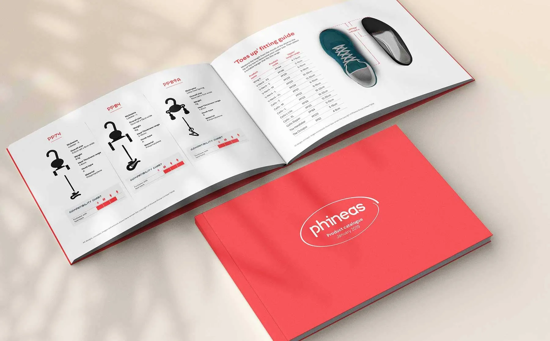 Phineas product catalogue spread showing hanger fitting guides
