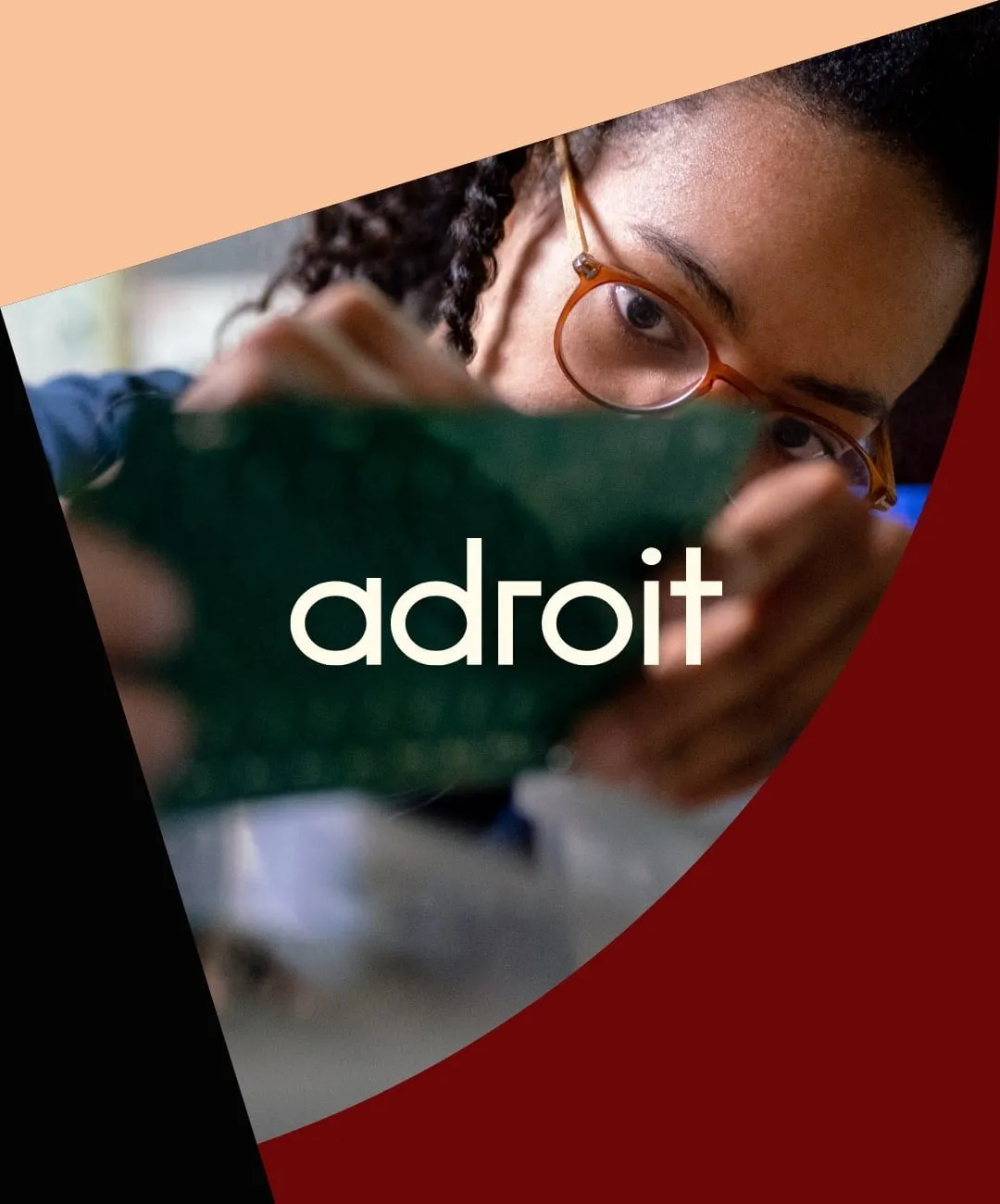 Adroit team member examining a circuit board, with the Adroit wordmark overlaid