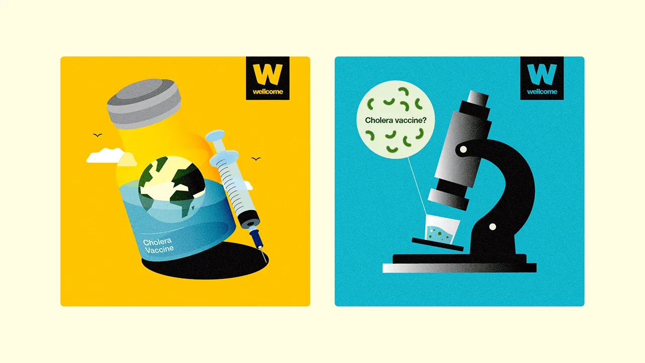 Wellcome science-focused illustrations of medical vial and microscope