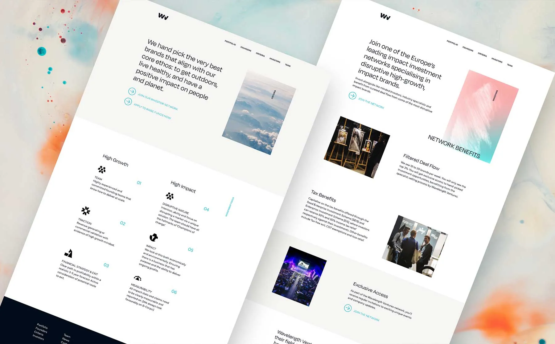 Wavelength Ventures website pages shown at an angle — criteria and investors sections