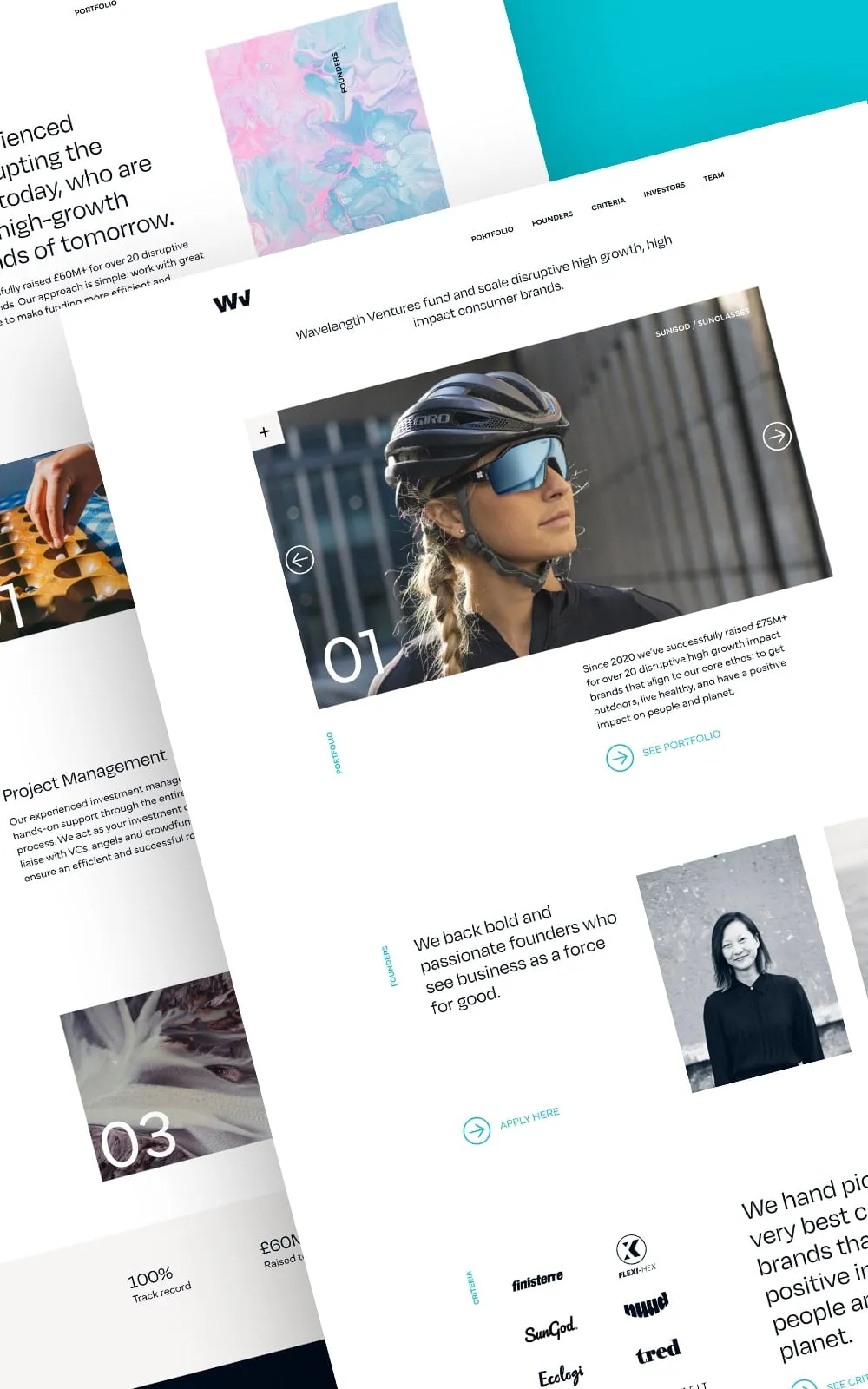 Wavelength Ventures website pages shown at an angle across two open browser tabs