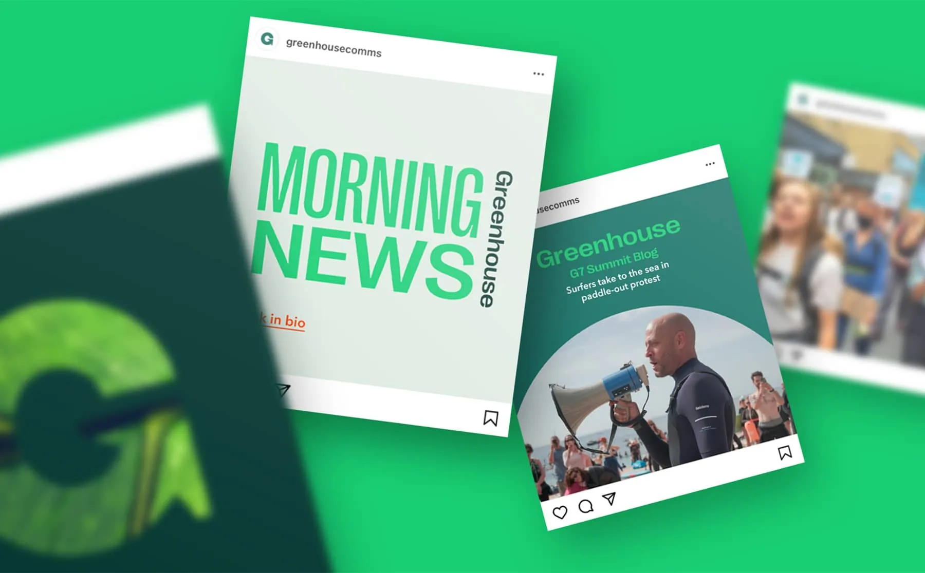 Greenhouse social media post mockups including Morning News and G7 Summit blog covers