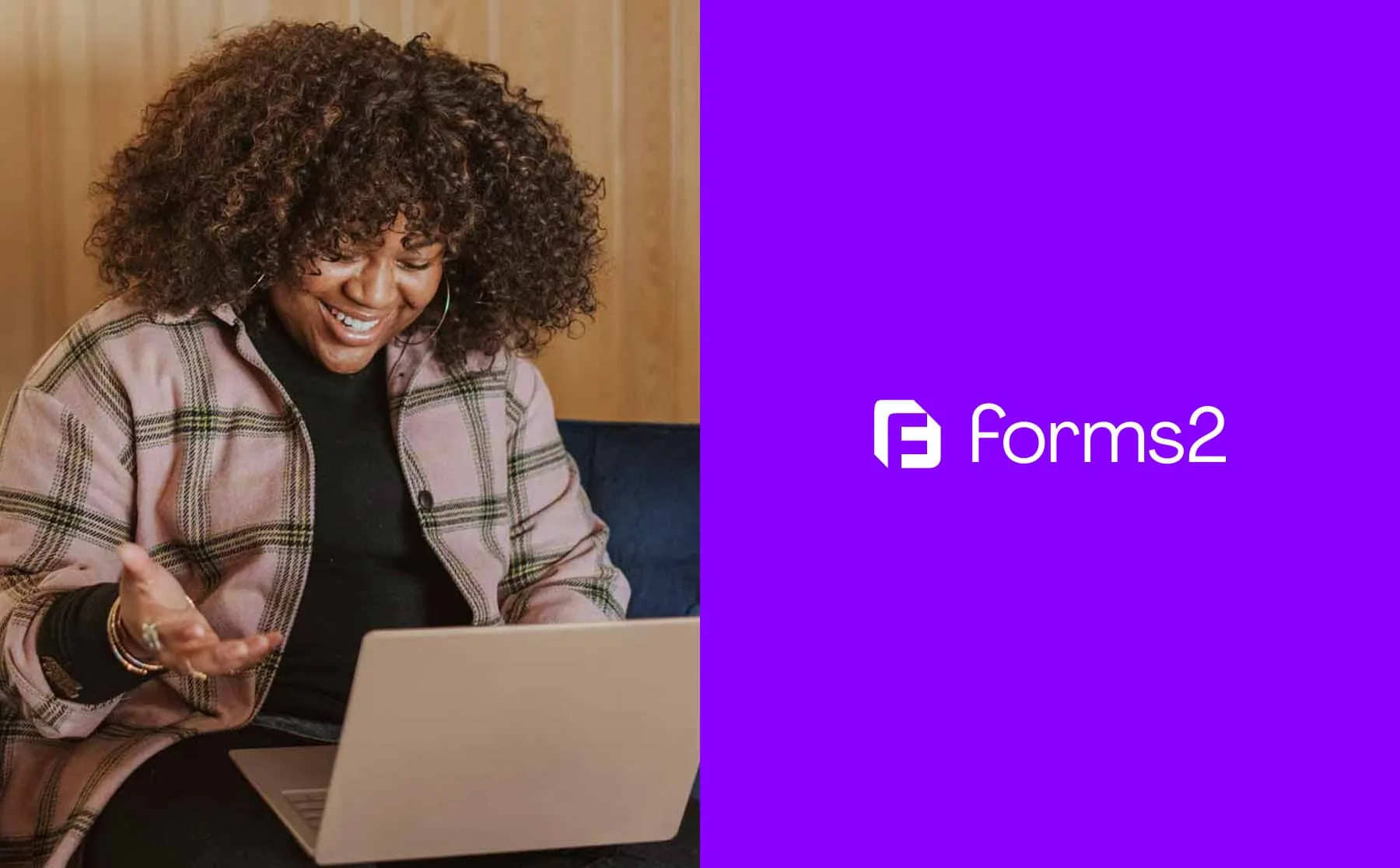 A Forms2 team member on a video call, beside the Forms2 logo on a purple panel