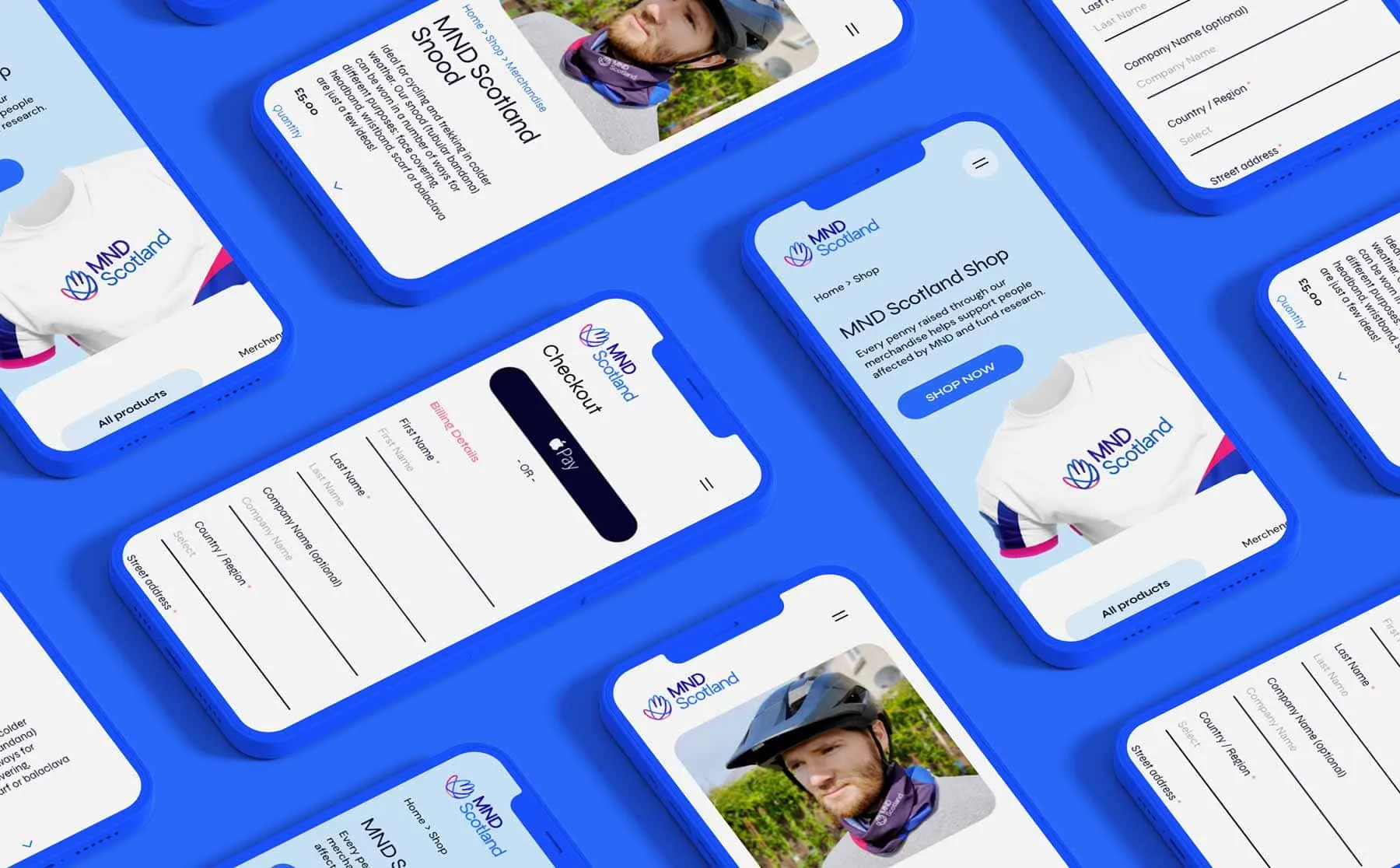 MND Scotland shop and merchandise pages shown on mobile phones