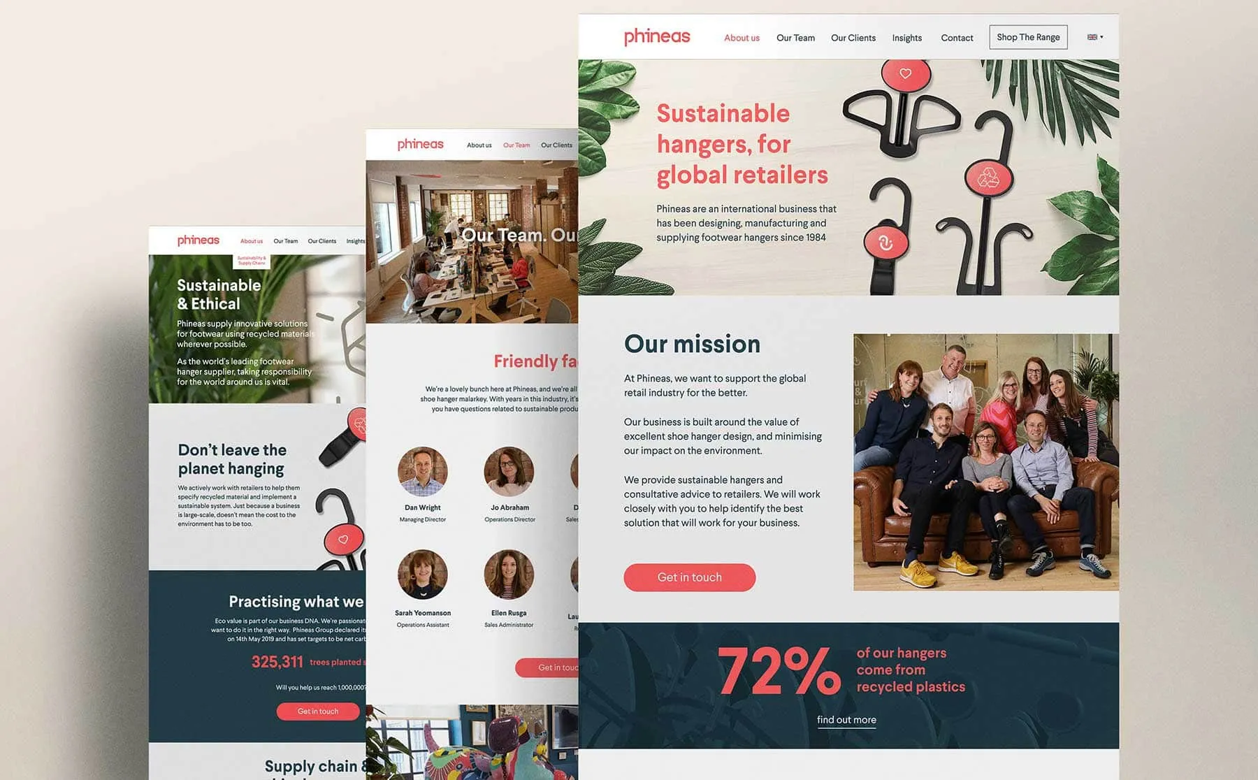 Phineas website redesign showing sustainable hangers for global retailers